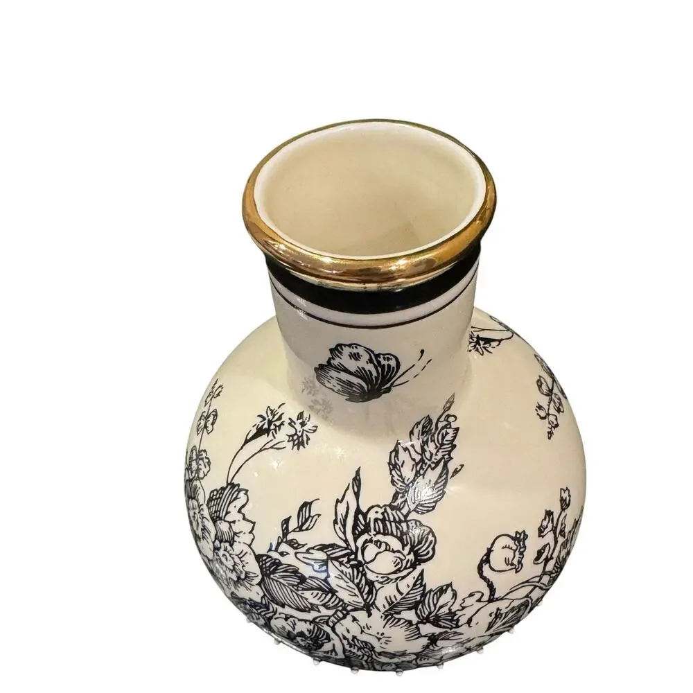 Mud Pie Small Black & White Floral Butterfly Bud Vase Gold Rim 5.25